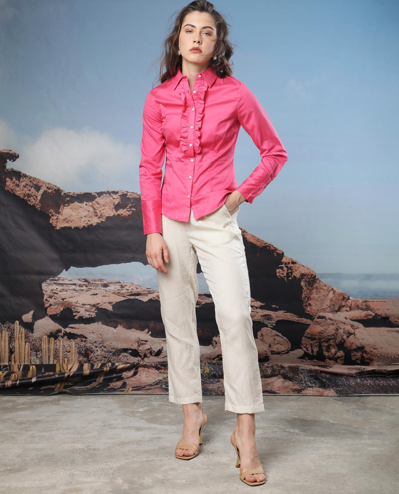 Rareism Women'S Aubrey Light Pink Cotton Fabric Regular Fit Shirt Collar Full Sleeves Solid Top