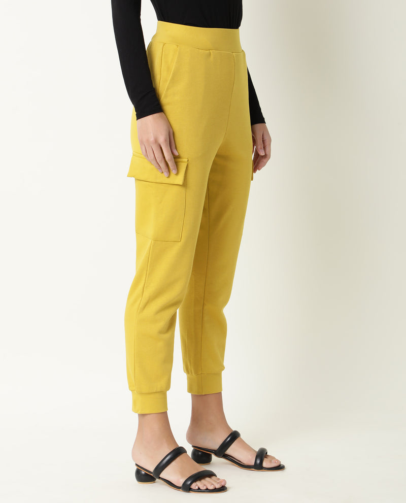 Rareism Women'S Nush Yellow Poly Cotton Fabric Tailored Fit Solid Mid Rise Ankle Length Track Pant