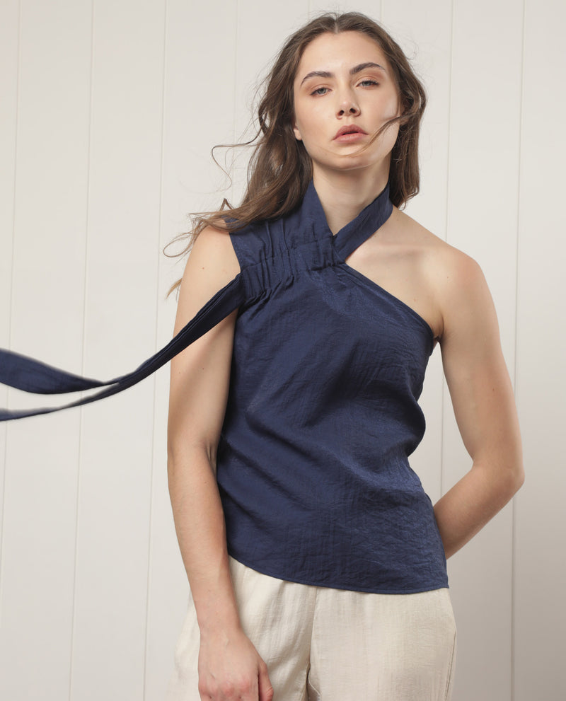 Rareism Women'S Urale Navy Rayon Nylon Fabric Off Shoulder Button Closure Halter Neck Sleeveless Slim Fit Plain Top