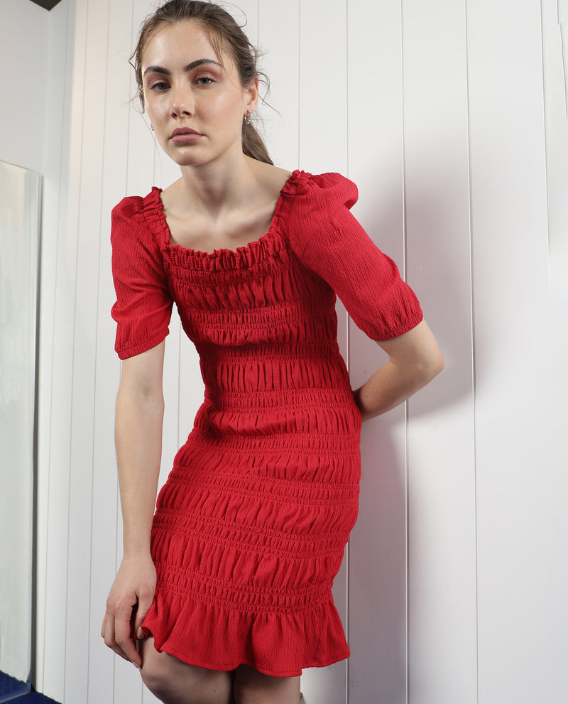 Rareism Women'S Ammo Red Viscose Fabric Short Sleeves Square Neck Puff Sleeve Regular Fit Plain Knee Length Flared Dress