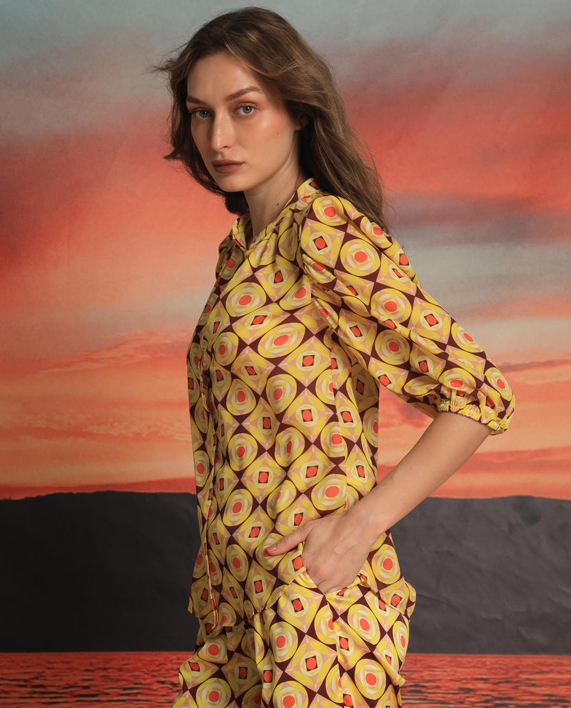 Rareism Women'S Mason Yellow Polyester Fabric 3/4Th Sleeves Mandarin Collar Balloon Sleeve Regular Fit Geometric Print Top
