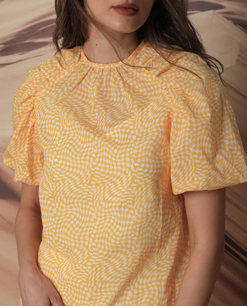 Rareism Women'S Bulbine Yellow Cotton Fabric Short Sleeves Round Neck Extended Sleeve Regular Fit Geometric Print Top
