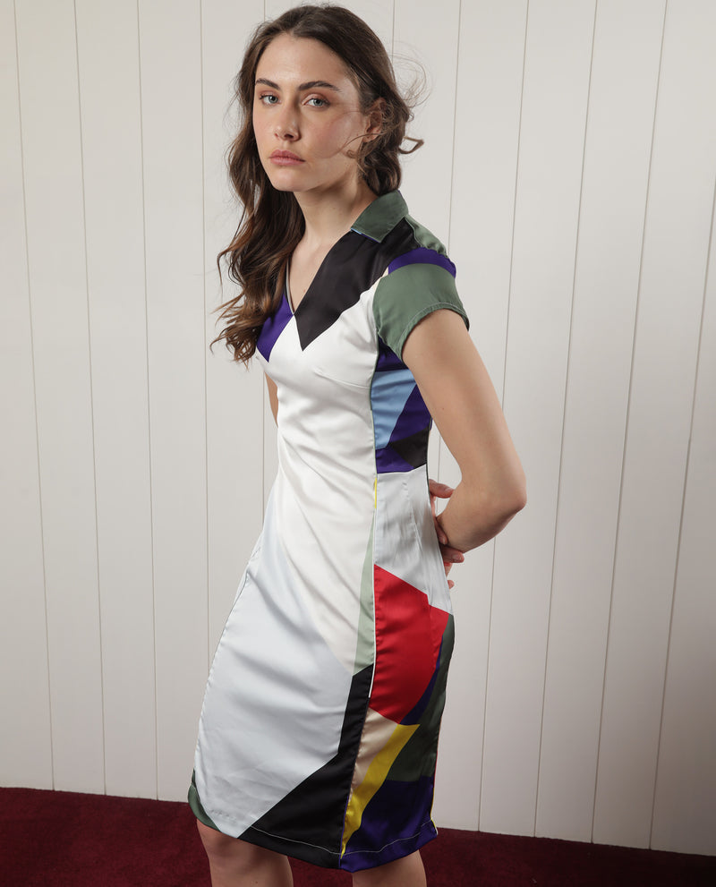 Rareism Women'S Brave Multi Polyester Fabric Short Sleeves V-Neck Regular Fit Geometric Print Knee Length Boxy Dress