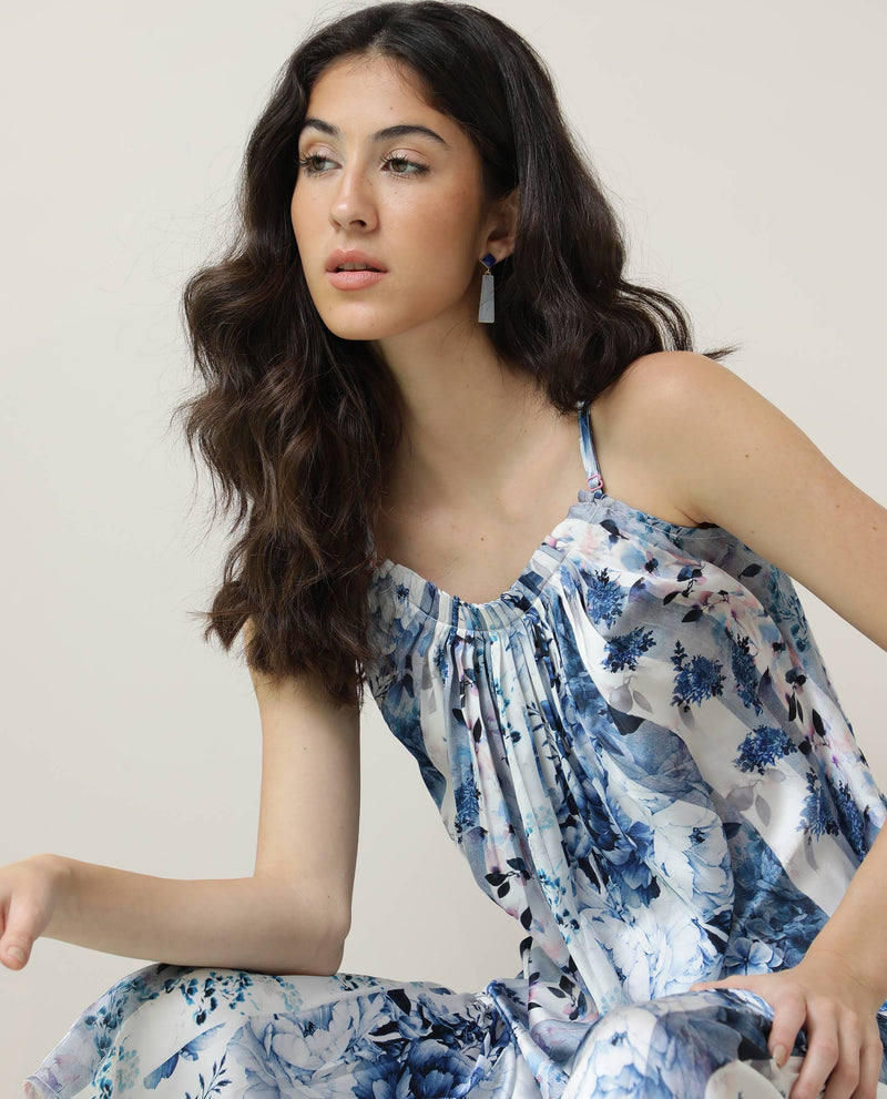 Rareism Women'S Macy Light Blue Polyester Fabric Sleeveless Shoulder Straps Regular Fit Floral Print Maxi Dress