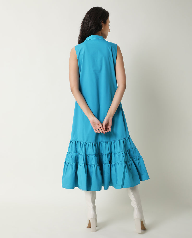 Rareism Women'S Gino Blue Tie Up Neck Sleeveless With Ruffled Hem And Pockets Maxi Dress
