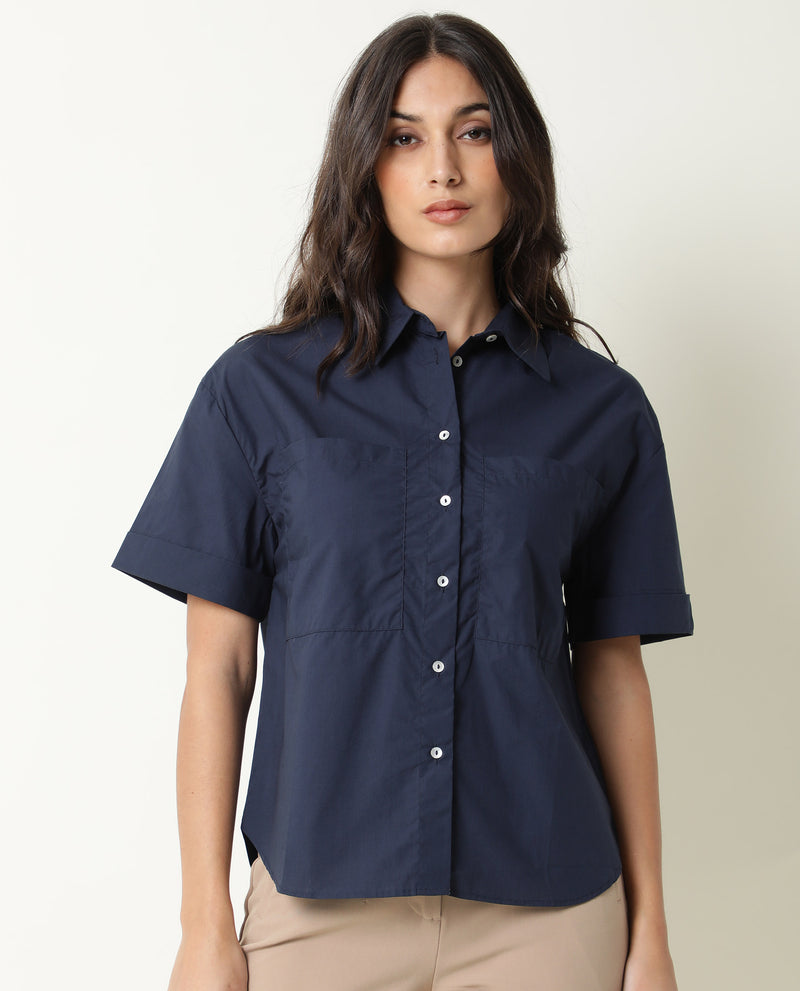 Rareism Women'S Vesh Navy Cotton Fabric Regular Fit Shirt Collar Half Sleeves Solid Top