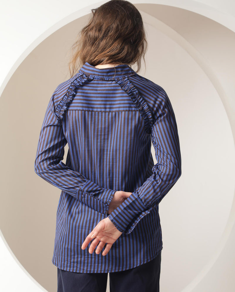 Rareism Women'S Treasure Dark Blue Cotton Fabric Full Sleeves Button Closure Shirt Collar Relaxed Fit Striped Shirt