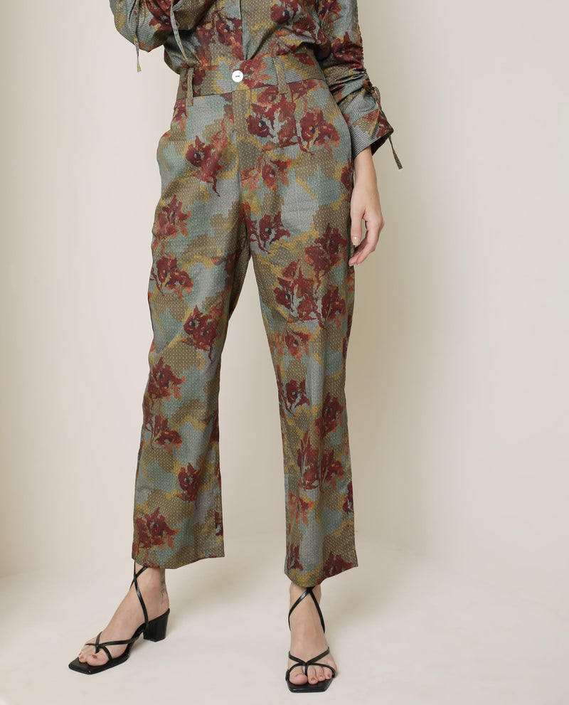 Rareism Women'S Milan Dark Olive Cotton Fabric Button Fly Closure Tailored Fit Floral Print Ankle Length Trousers