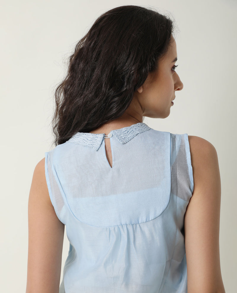 Rareism Women'S Leisure Blue Cotton Fabric Regular Fit V-Neck Sleeveless Solid Top