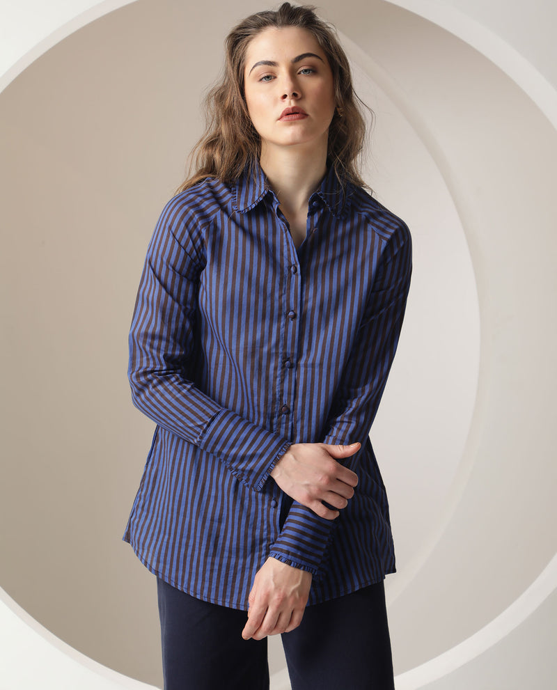 Rareism Women'S Treasure Dark Blue Cotton Fabric Full Sleeves Button Closure Shirt Collar Relaxed Fit Striped Shirt