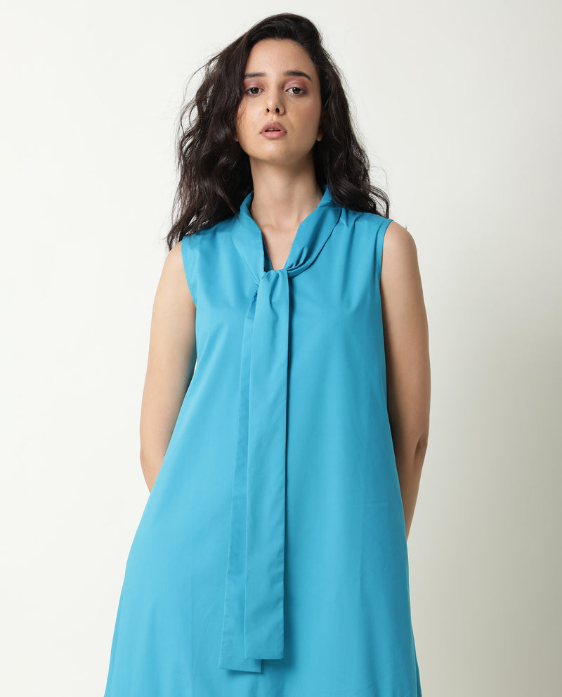Rareism Women'S Gino Blue Tie Up Neck Sleeveless With Ruffled Hem And Pockets Maxi Dress