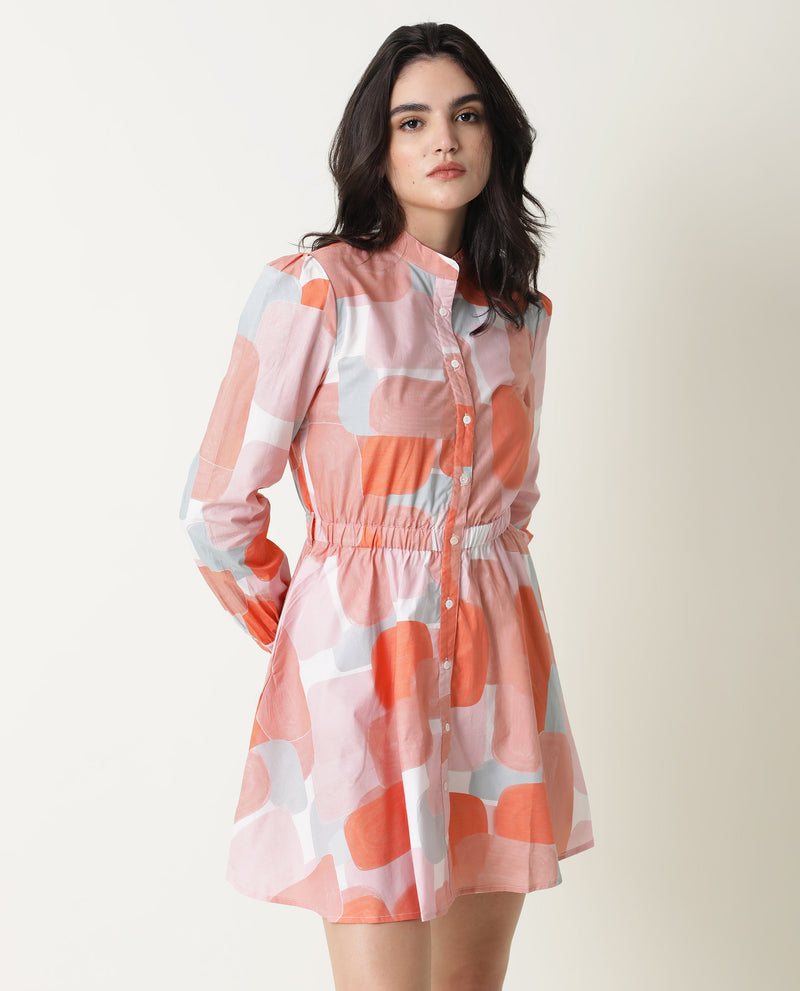 Rareism Women'S Faces Peach Abstract Print Mandarin Collar Full Sleeves With Front Full Button Placket And Pockets Mini Dress