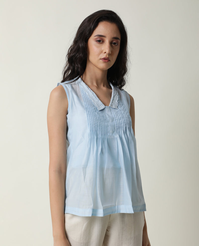 Rareism Women'S Leisure Blue Cotton Fabric Regular Fit V-Neck Sleeveless Solid Top