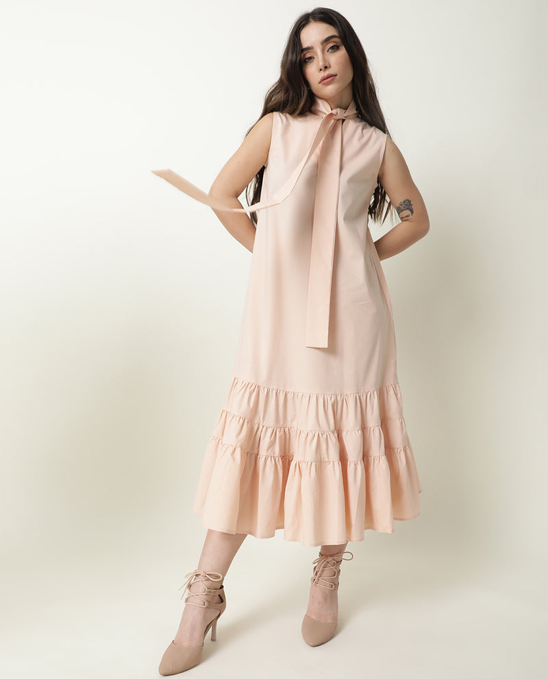 Rareism Women'S Gino Light Peach Tie Up Neck Sleeveless With Ruffled Hem And Pockets Maxi Dress