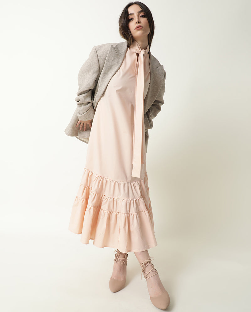 Rareism Women'S Gino Light Peach Tie Up Neck Sleeveless With Ruffled Hem And Pockets Maxi Dress