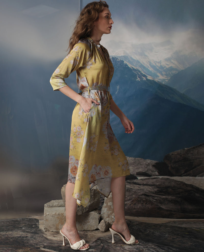 Rareism Women'S Journee Dark Yellow Polyester Fabric 3/4Th Sleeves Ruffled Neck Regular Fit Floral Print Midi Asymmetric Dress
