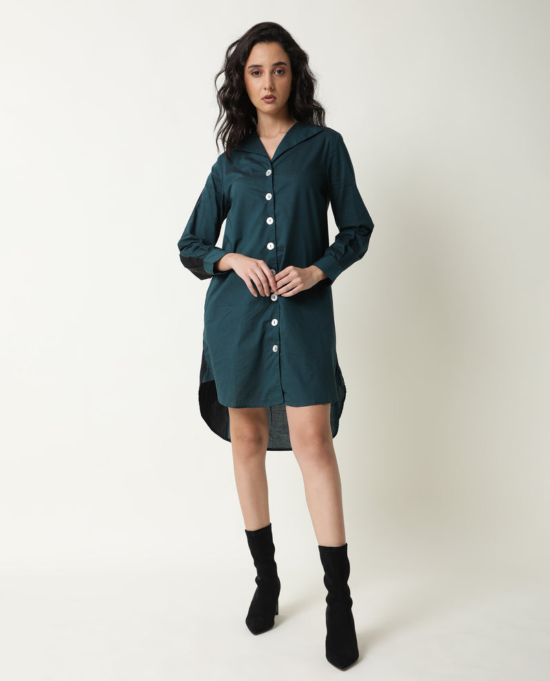 Rareism Women'S Tally Petrol Overlap Lapel Collar Full Sleeves Front Button Placket Pocket Asymmetrical Knee Length Dress