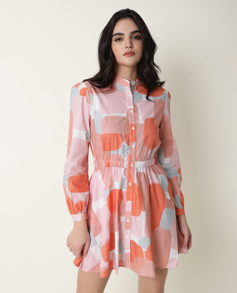 Rareism Women'S Faces Peach Abstract Print Mandarin Collar Full Sleeves With Front Full Button Placket And Pockets Mini Dress