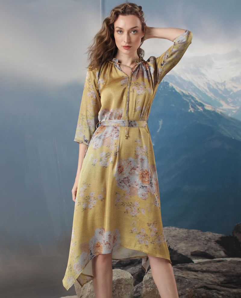 Rareism Women'S Journee Dark Yellow Polyester Fabric 3/4Th Sleeves Ruffled Neck Regular Fit Floral Print Midi Asymmetric Dress