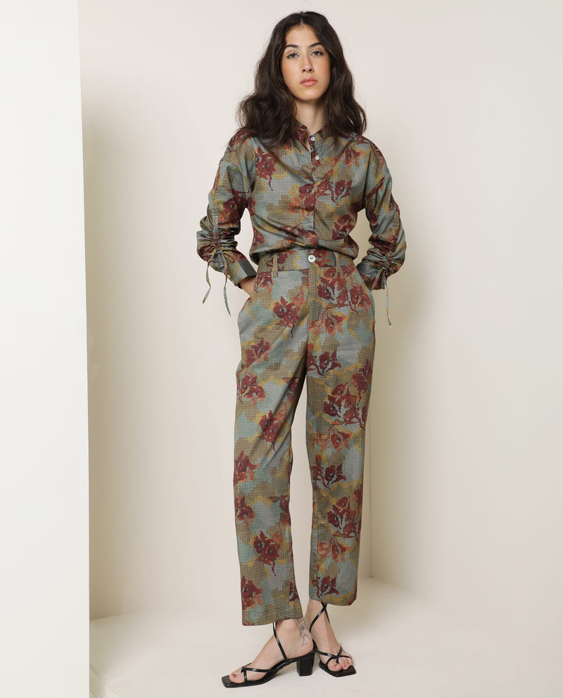 Rareism Women'S Milan Dark Olive Cotton Fabric Button Fly Closure Tailored Fit Floral Print Ankle Length Trousers