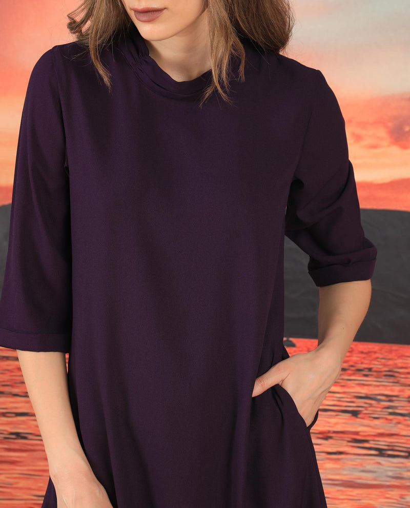 Rareism Women'S Sullivan Purple High Neck 3/4 Sleeves With Back Zip Closure And Pockets Asymmetric High Low Midi Dress