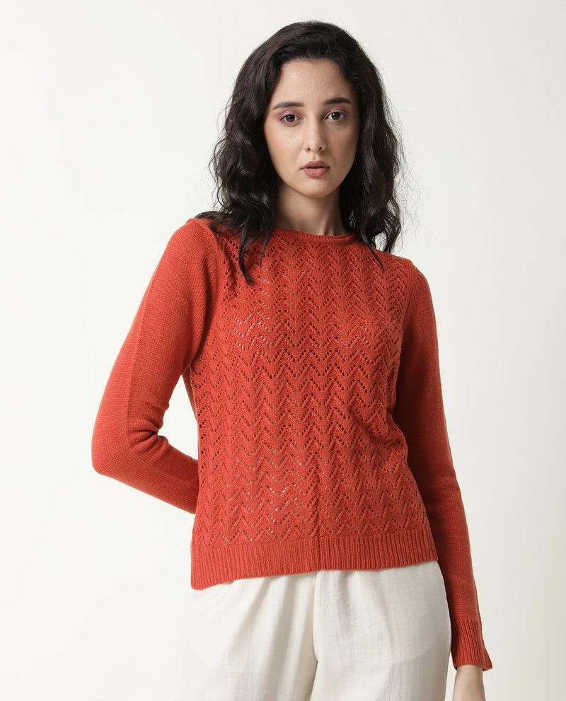 Rareism Women'S Sami Orange Acrylic Fabric Full Sleeves Slim Fit Solid Round Neck Sweater