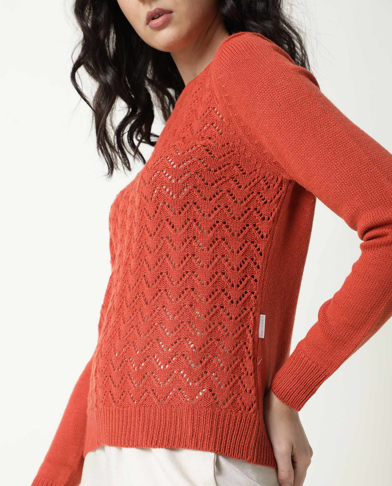 Rareism Women'S Sami Orange Acrylic Fabric Full Sleeves Slim Fit Solid Round Neck Sweater
