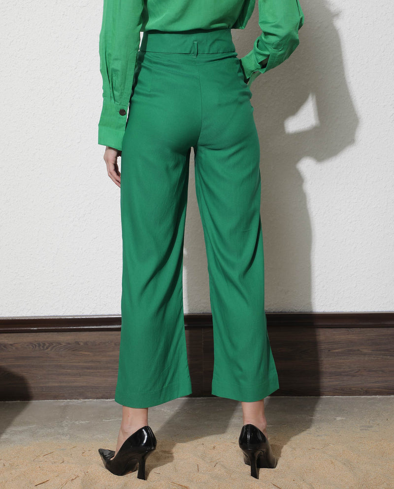 Rareism Women'S Evanova Green Viscose Fabric Regular Fit Plain Ankle Length Trousers