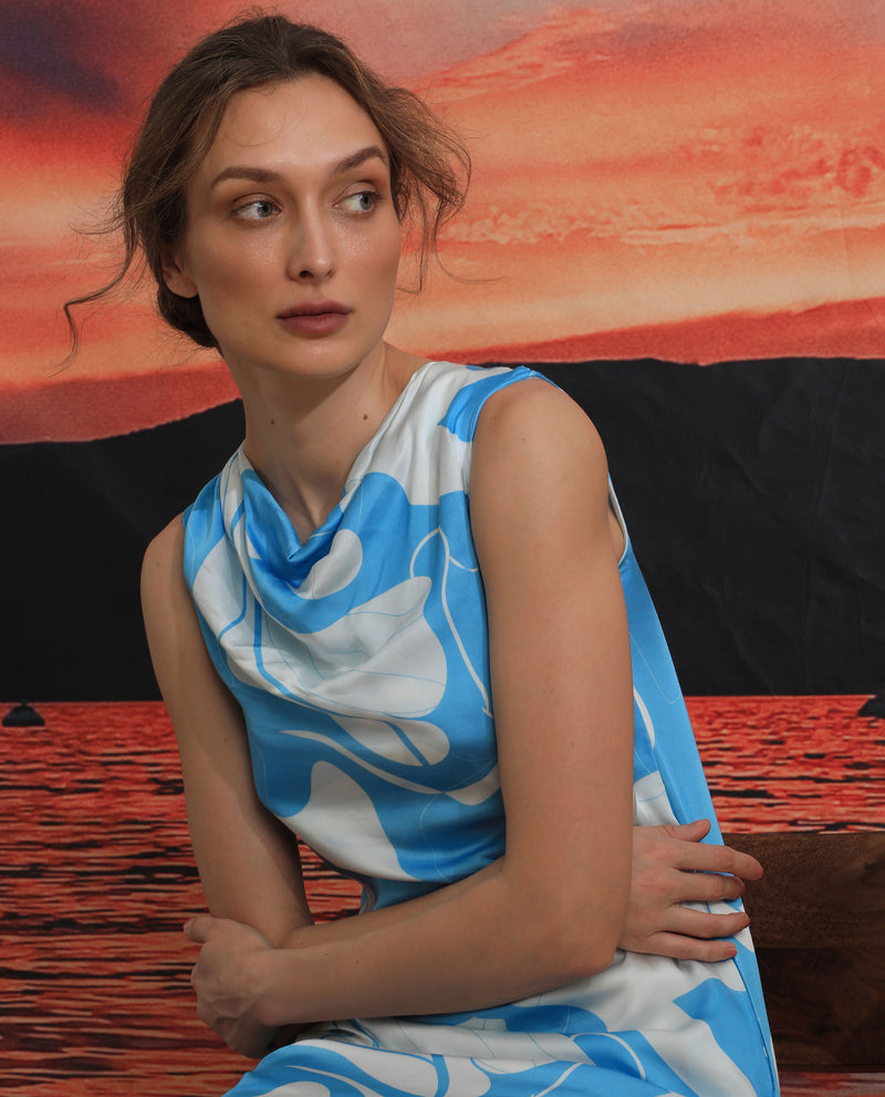 Rareism Women'S Arden Blue Modal Fabric Zip Closure Cowl Neck Sleeveless Regular Fit Abstract Print Knee Length A-Line Dress