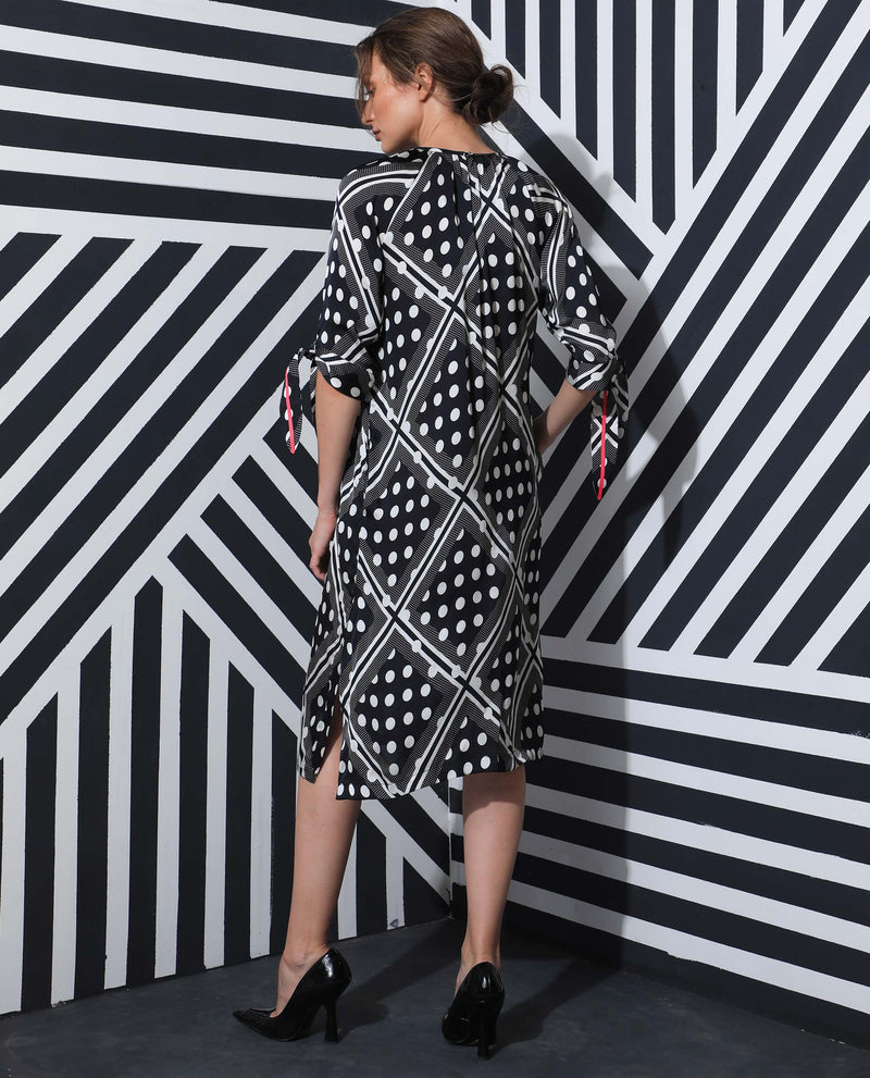 Rareism Women'S Jeannie Black Polyester Fabric 3/4Th Sleeves Boat Neck Regular Fit Polka Knee Length Boxy Dress