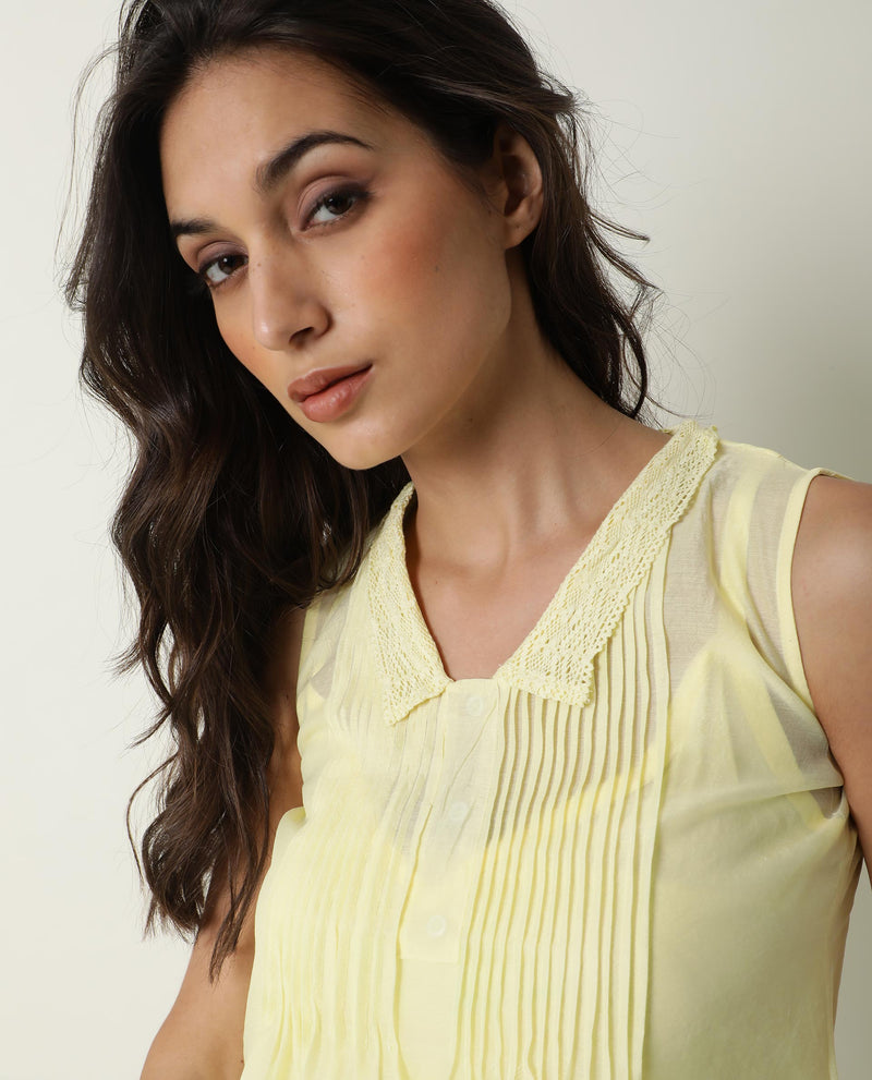 Rareism Women'S Leisure Yellow Cotton Fabric Regular Fit V-Neck Sleeveless Solid Top