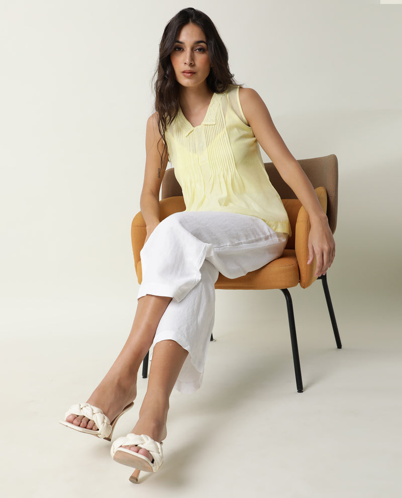 Rareism Women'S Leisure Yellow Cotton Fabric Regular Fit V-Neck Sleeveless Solid Top