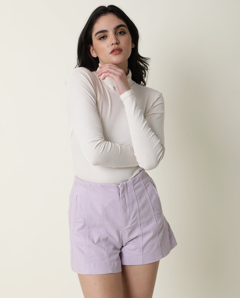 Rareism Women'S Painted Pastel Purple Cotton Lycra Fabric Regular Fit Solid High Rise Shorts