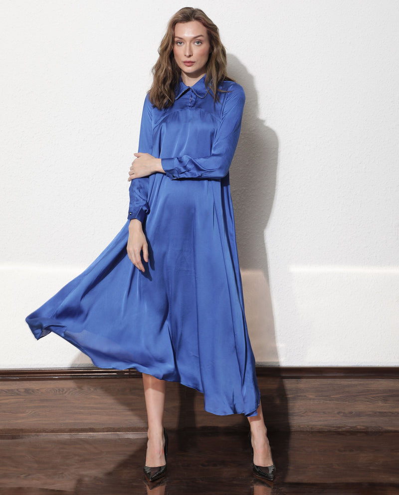 Rareism Women'S Galaxy Blue Shirt Collar Neck Full Sleeves With Back Zip Closure Satin Maxi Dress