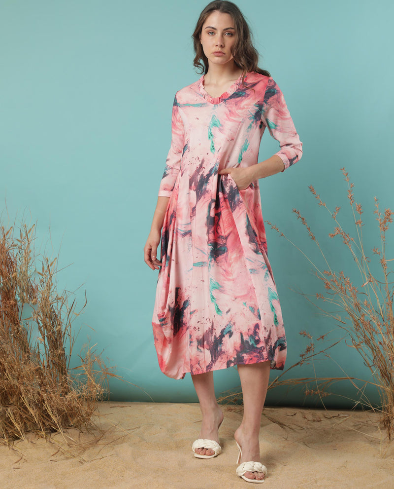 Rareism Women'S Park Multi Abstract Ruffled V Neck 3/4 Sleeves With Pockets Asymmetrical Midi Dress