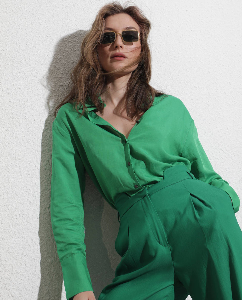 Rareism Women'S Harper Green Modal Fabric Regular Fit Shirt Collar Full Sleeves Solid Top