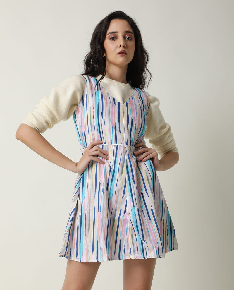 Rareism Women'S Nano Multi Striped V Neck Sleeveless With Pockets Mini Dress