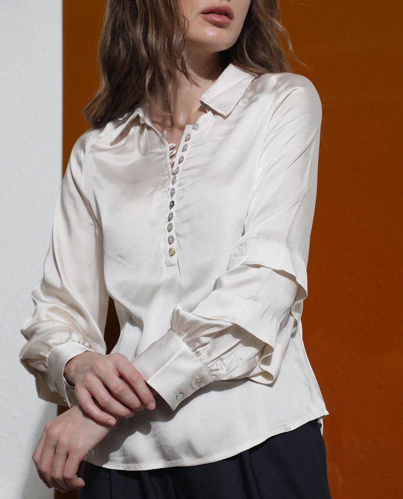 Rareism Women'S Renee Beige Viscose Fabric Full Sleeves Button Closure Shirt Collar Bishop Sleeve Relaxed Fit Plain Asymmetric Top