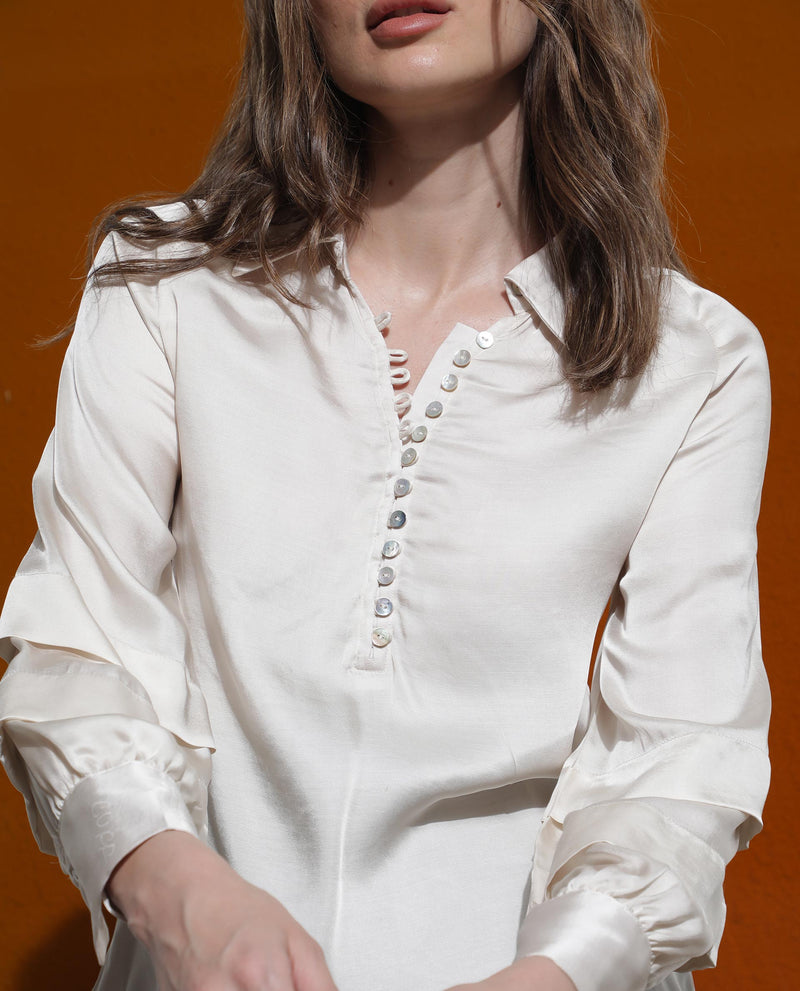 Rareism Women'S Renee Beige Viscose Fabric Full Sleeves Button Closure Shirt Collar Bishop Sleeve Relaxed Fit Plain Asymmetric Top