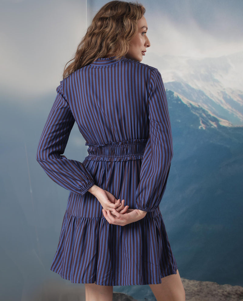 Rareism Women'S Loretta Blue Viscose Fabric Full Sleeves Button Closure Mandarin Collar Regular Fit Striped Mini Empire Dress
