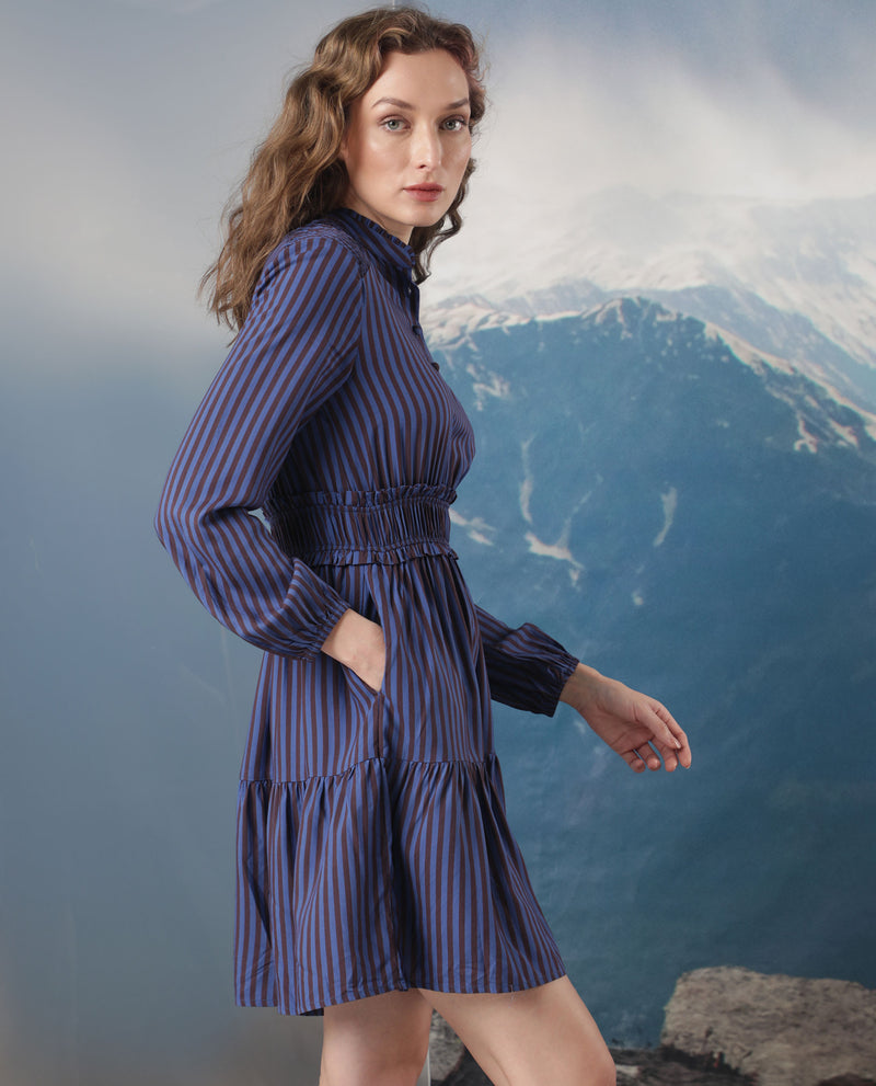 Rareism Women'S Loretta Blue Viscose Fabric Full Sleeves Button Closure Mandarin Collar Regular Fit Striped Mini Empire Dress