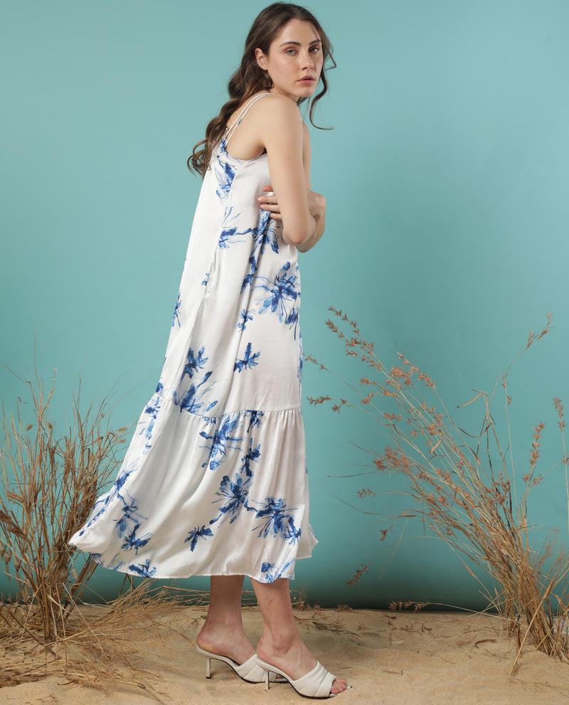 Rareism Women'S Lola White Polyester Fabric Sleeveless Shoulder Straps Regular Fit Abstract Print Midi Tiered Dress