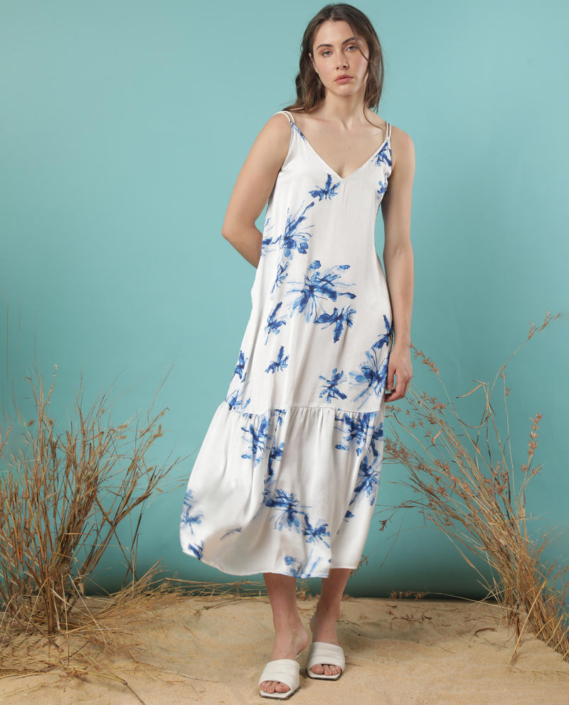 Rareism Women'S Lola White Polyester Fabric Sleeveless Shoulder Straps Regular Fit Abstract Print Midi Tiered Dress