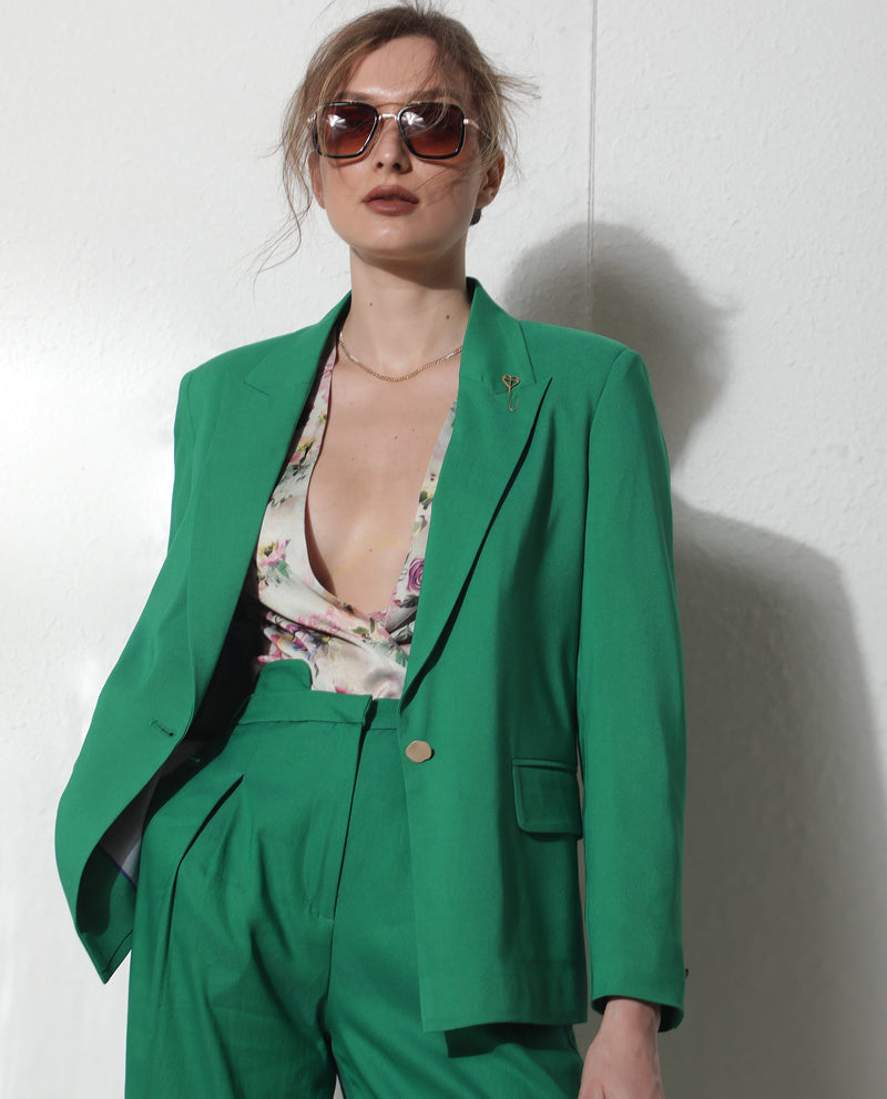 Rareism Women'S Ziva Green Polyester Fabric Full Sleeves Button Closure Lapel Neck Tailored Fit Plain Blazer