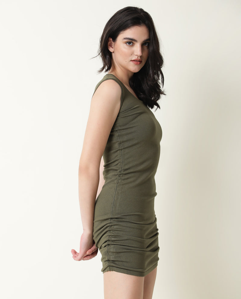 Rareism Women'S Hailey Olive Square Neck Sleeveless With Pull Up Drawstring At Side Seam Midi Dress