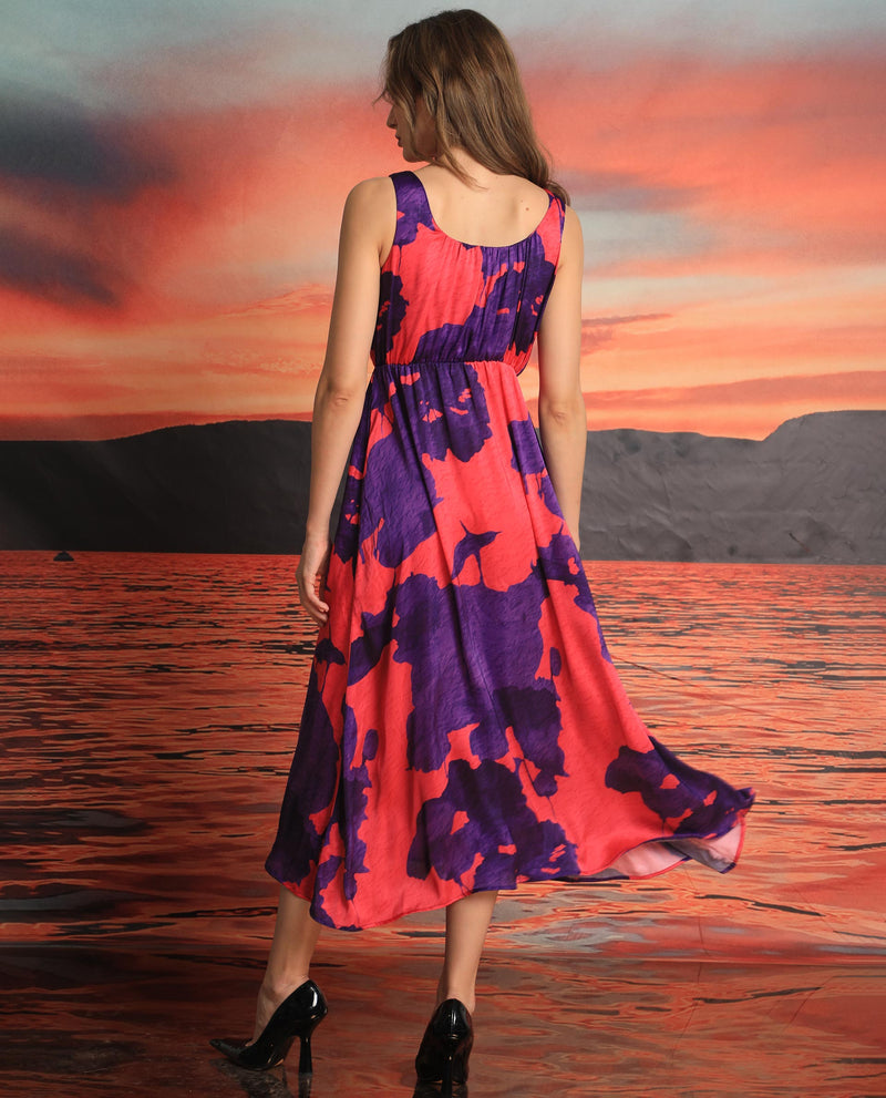 Rareism Women'S Kelly Pink Polyester Fabric Boat Neck Sleeveless Regular Fit Floral Print Knee Length Empire Dress