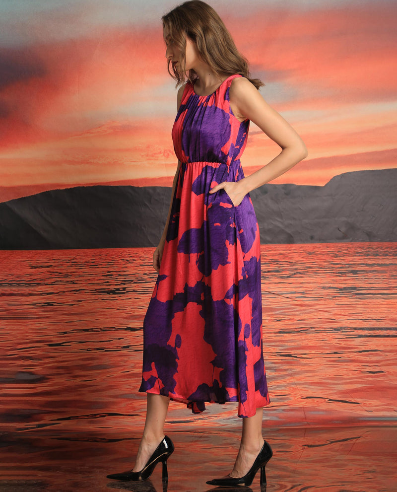 Rareism Women'S Kelly Pink Polyester Fabric Boat Neck Sleeveless Regular Fit Floral Print Knee Length Empire Dress