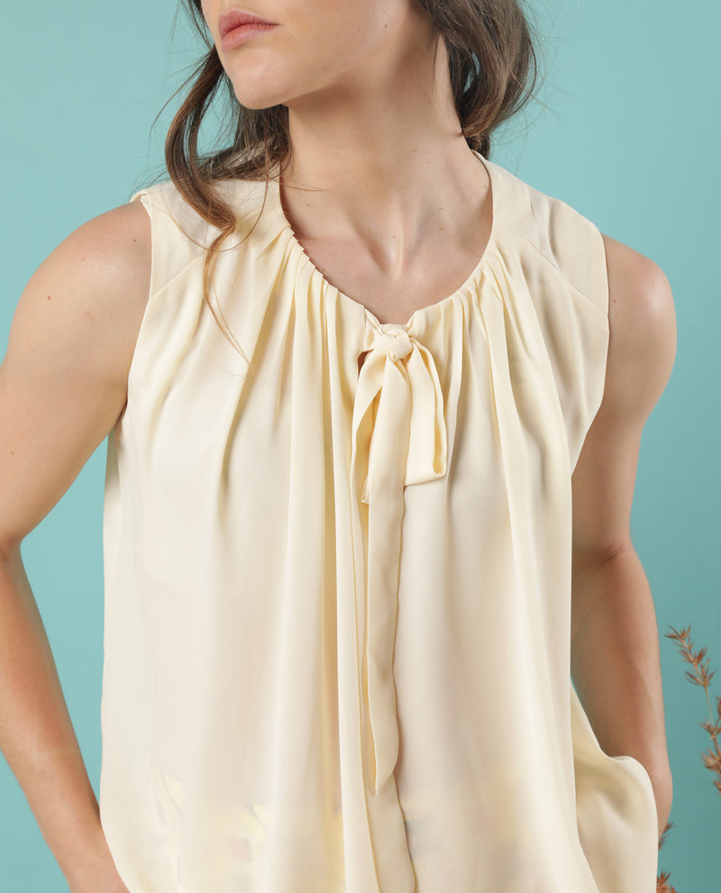Rareism Women'S Beverly Beige Polyester Fabric Tie-Up Neck Sleeveless Relaxed Fit Plain Top