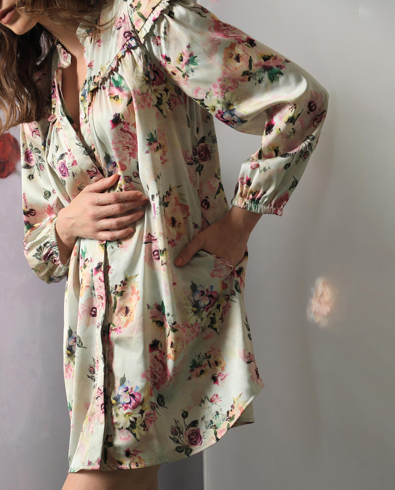 Rareism Women'S Penelope Beige Polyester Fabric Full Sleeves Button Closure Ruffled Neck Regular Fit Floral Print Maxi Boxy Dress