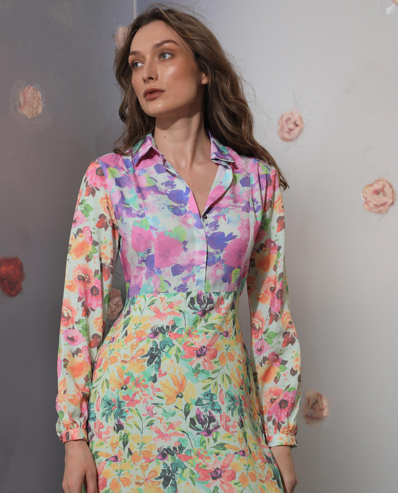 Rareism Women'S Caliista Multi Viscose Fabric Full Sleeves Button Closure Shirt Collar Regular Fit Floral Print Maxi Tiered Dress